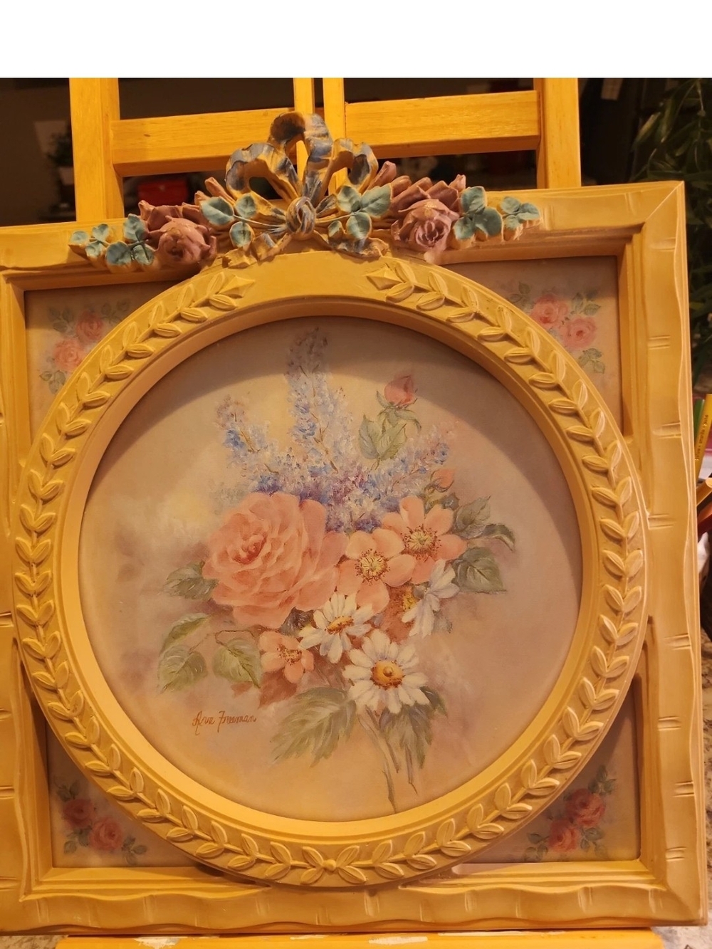 Vtg Ava Freeman Yellow Floral Framed Wall Art - Vintage Rose Bouquet Resin Frame